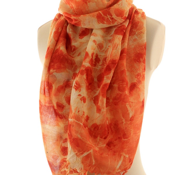 Eucalyptus eco print, super fine merino wool scarf, red orange leaf print, long wool shawl eco dyed wool woven scarf warm scarf gift for her