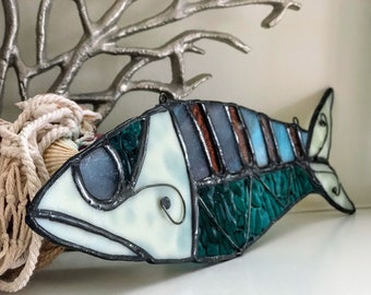 Fish On! Stained glass. Suncatcher. Ornament. Trophy. Wall art. Salt Life. Salty. Fish Tales. Original Design. Ready to Ship!