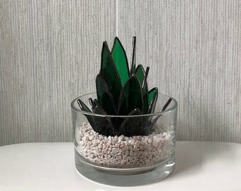 Stained Glass Succulent. Mescal Plant. Agave. Aloe. Glass Vase and Decorative Gravel Included. 3 Dimensional Sculpture. Ready to Ship!