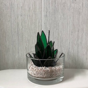 Handcrafted Stained Glass Succulent Sculpture: Agave Aloe Plant with Vase