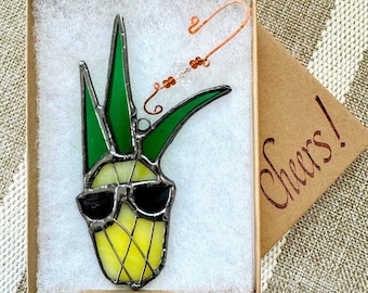 Stained Glass Pineapple. Ornament. Handcrafted. Gift Boxed. Suncatcher. Hospitality. Hostess Gift. Sunglasses. Dude. Tropical. Ready to Ship