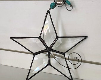 6 inch. Beveled Glass Star. Ornament. Turquoise beads. Suncatcher. Black Patina. Patriotic. Christmas. Shooting star. Ready to Ship!