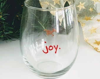 Stemless.  Wine Glass. Beer glass. Christmas. Hand painted. Juice glass. Tumbler. Cocktail. Joy. Ready to Ship!