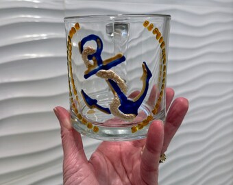 Hand Painted Glass Coffee Mug. Anchor. Coastal. Nautical. Boat. Pirate. Salty. Sea. Sailor. Marine. Navy. Ocean. Ready to Ship!
