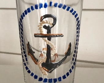 Anchor Beer Glass. Boating. Fishing. Coastal. Sailor. Navy. Hand painted. Pint. Mixing glass. Gift wrapped. Hostess gift. Ready to ship!