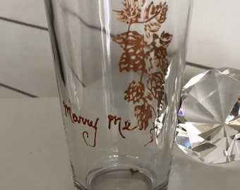 Marry Me. beer glass. hand painted. hops. engagement. love. valentine. wedding. pint. mixing glass. gift wrapped. Ready to Ship!