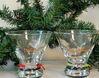 Stemless Martini Glasses. Set of 2. Christmas. Naughty. Nice. Elf magic. Santa! Ready to Ship!
