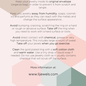 May include: A pink and green graphic with text explaining how to take care of gold plated jewelry. The text includes instructions on how to store, clean, and avoid damaging the jewelry. The graphic also includes the website address www.lijewels.com.