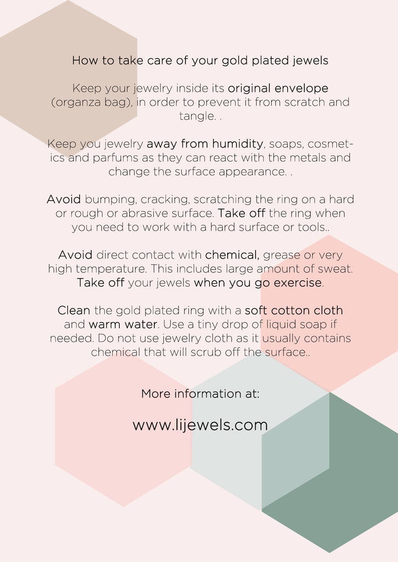 May include: A pink and green graphic with text explaining how to take care of gold plated jewelry. The text includes instructions on how to store, clean, and avoid damaging the jewelry. The graphic also includes the website address www.lijewels.com.