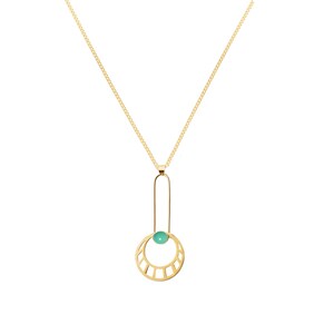 May include: A gold necklace with a pendant featuring a green gemstone set in a circular frame with geometric cutouts.