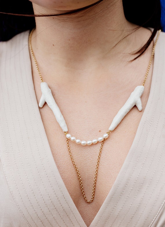 Pearls and Porcelain Boho Organic Necklace Unique