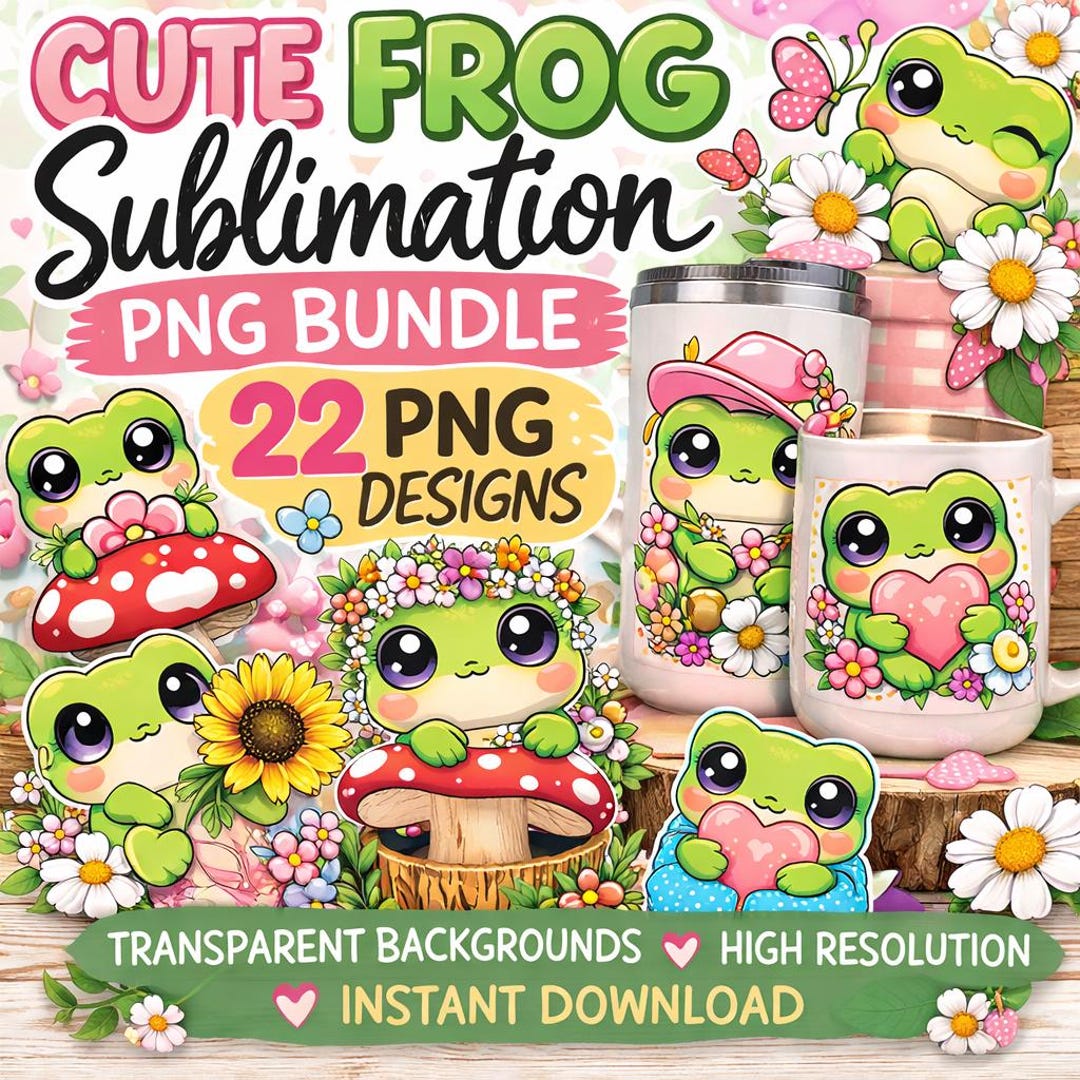 Kawaii Frog Clipart Bundle PNG Cute Frog Designs for Cricut Sublimation ...