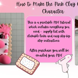May include: A pink clay cookie character with a white face, pink nose, and pink accents. The cookie has a rectangular shape with a light brown border. The image includes text that says, "How to Make the Pink Clay Cookie Character."