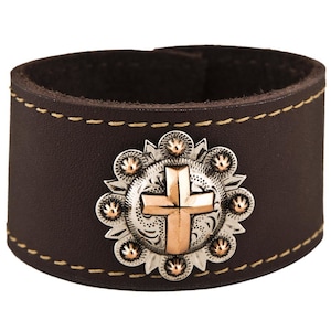 Copper Cross Leather Cuff Bracelet, Leather Bracelet, Leather bracelet with concho, Concho leather bracelet