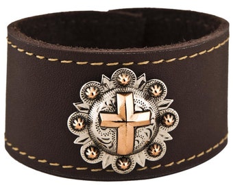 Copper Cross Leather Cuff Bracelet, Leather Bracelet, Leather bracelet with concho, Concho leather bracelet