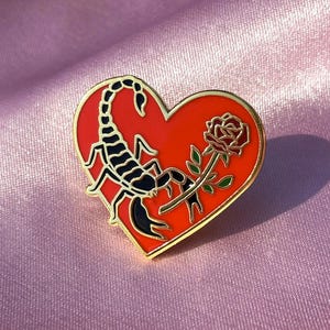 Scorpion Hard Enamel Pin 1&quot; | Rose Heart Pin, Tattoo Art, Romantic, Cute Accessories, Lapel pin gift, Scorpio gift, Zodiac gift for her