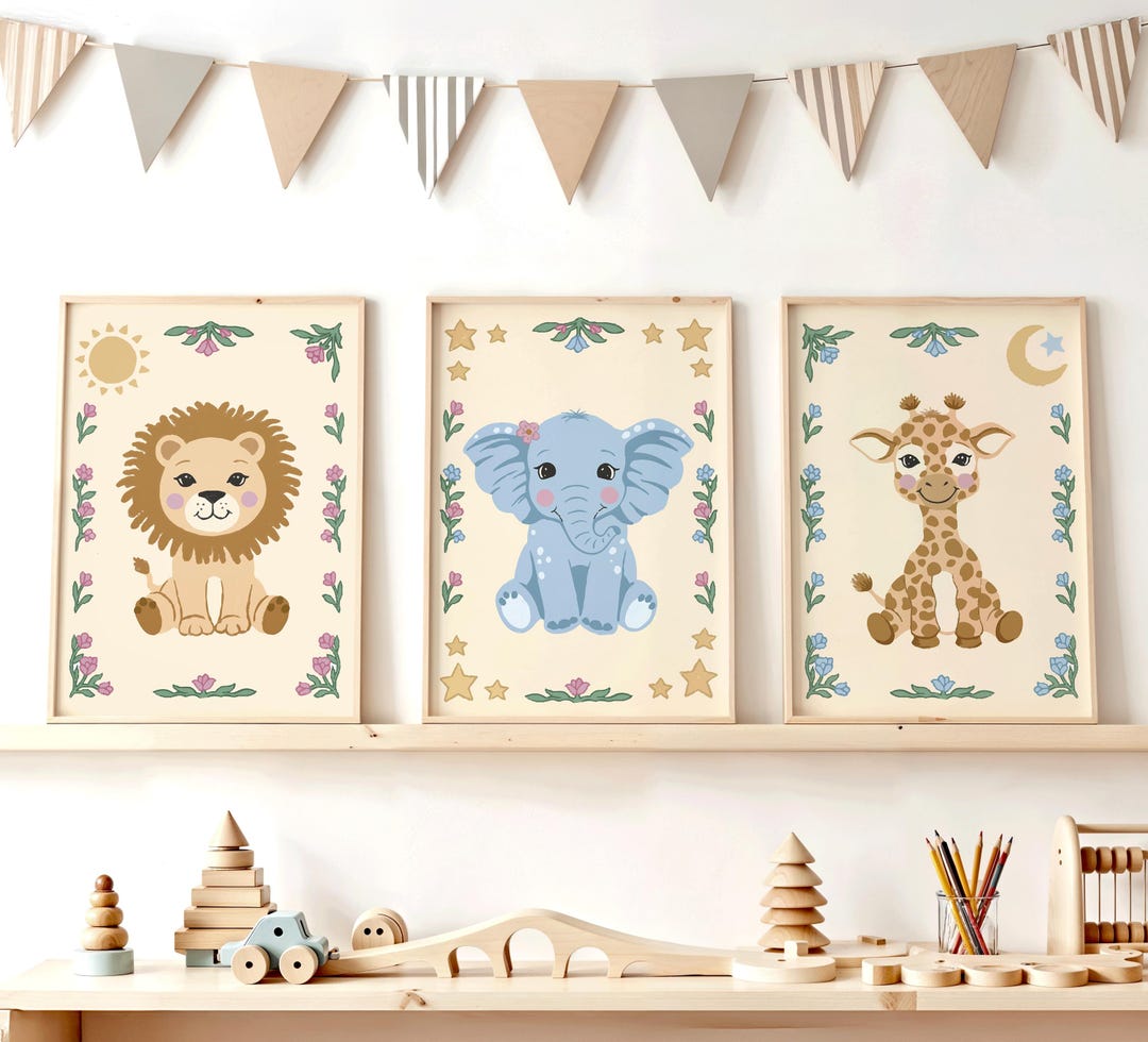 Baby Nursery Decor - Set of 3 Nursery Animal Prints With Floral Accents ...