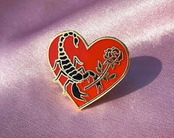 Scorpion Hard Enamel Pin 1" | Scorpion Rose Heart Tattoo Inspired Romantic Aesthetic Lapel collection pin