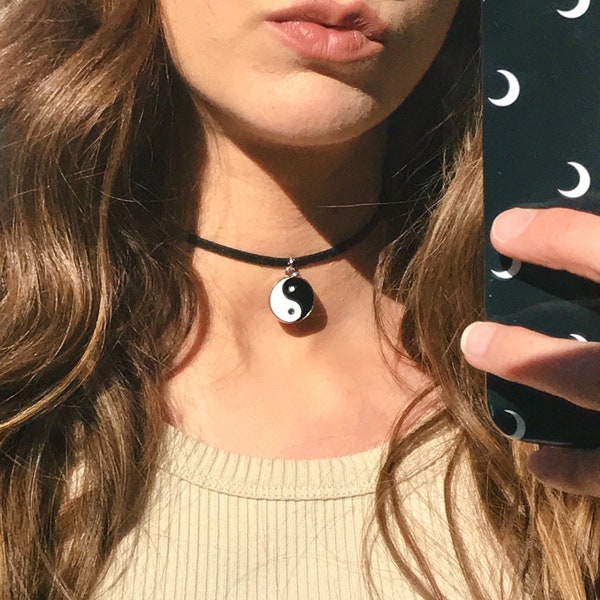 Yin-yang Choker: thin suede- yin yang necklace, gift, handmade, 90s, vintage, goth, fashion, boho jewelry