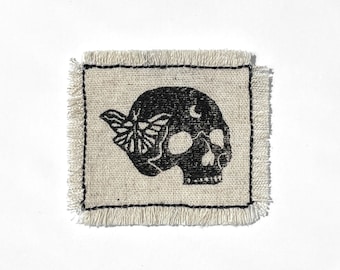 Block Printed Skull Butterfly Patch | Sew on Patch | Handmade | Cotton Patch