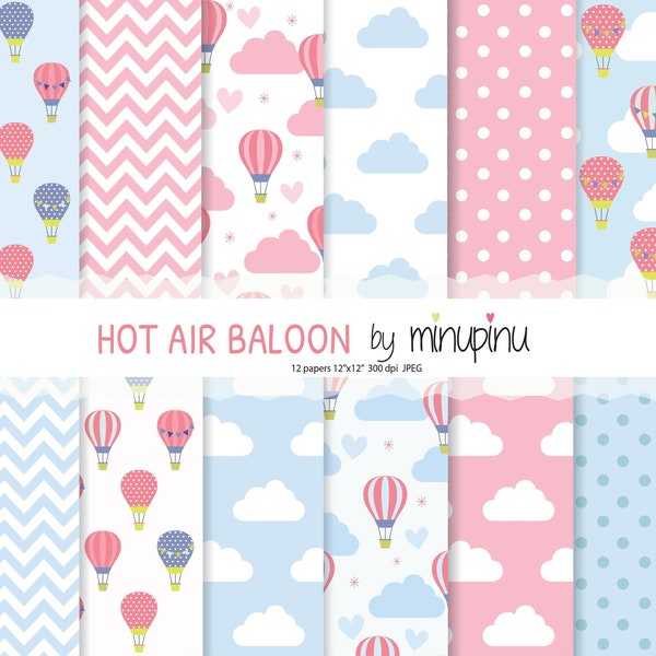 Hot Air Balloon Digital Paper, Pink and Blue Hot Air Balloons, Baby Hot Air Balloons  with clouds, chevron and dots.