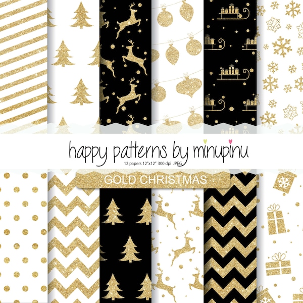 Christmas Digital Paper, Gold Christmas digital paper, Gold glitter with snowflakes deers christmas tree gift boxes ornaments dots chevron