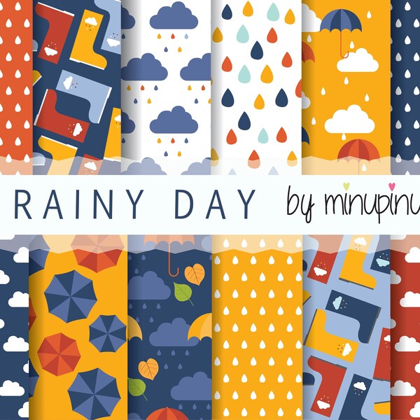 Rain Digital Paper, Autumn Rain, Cloud and Raindrop pattern, Umbrella, Rain Boots, Autumn Scrapbook Paper.