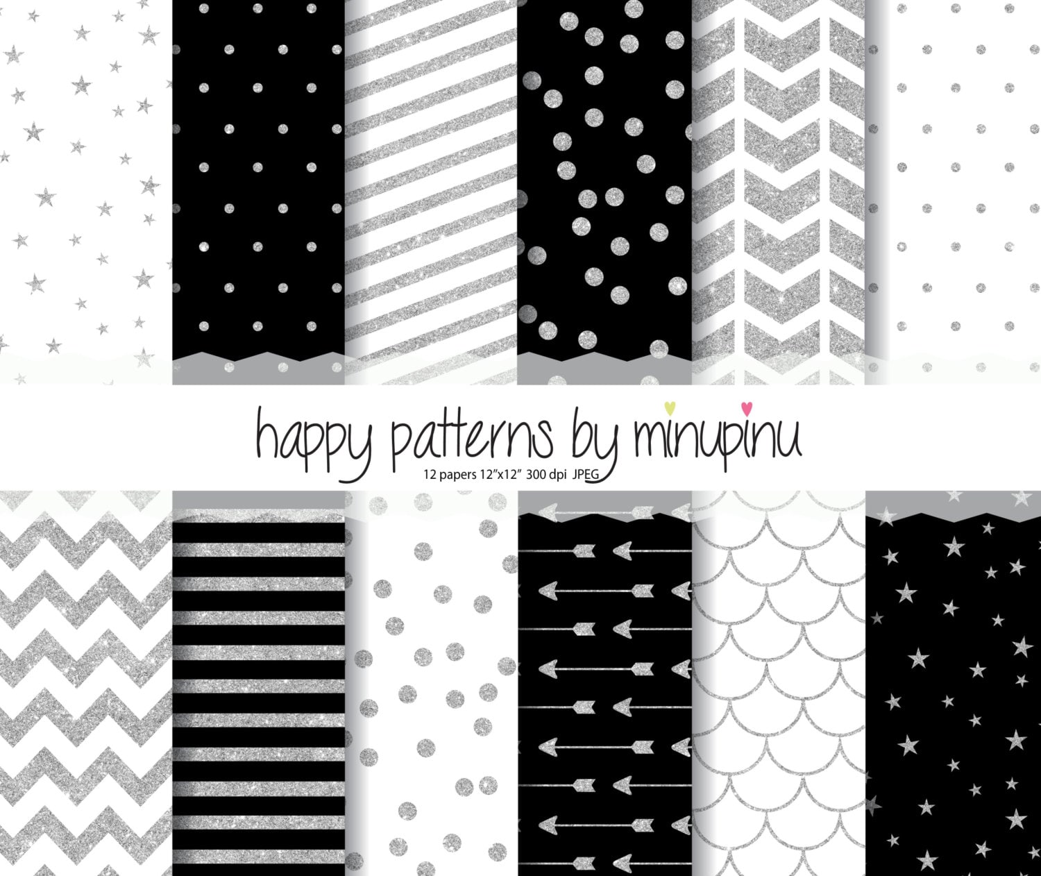 Silver Glitter Digital Paper, Black , White and Silver Glitter Pattern ...