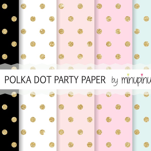 Polka Dot Digital Paper, Gold Glitter Polkadots Background,  Polkadot Party Paper, Gold Dots on black white peach pink and mint background