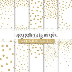 Carta digitale Confetti, coriandoli glitterati dorati su sfondo bianco, glitter bianchi e dorati, sfondi Glam Party per scrapbooking
