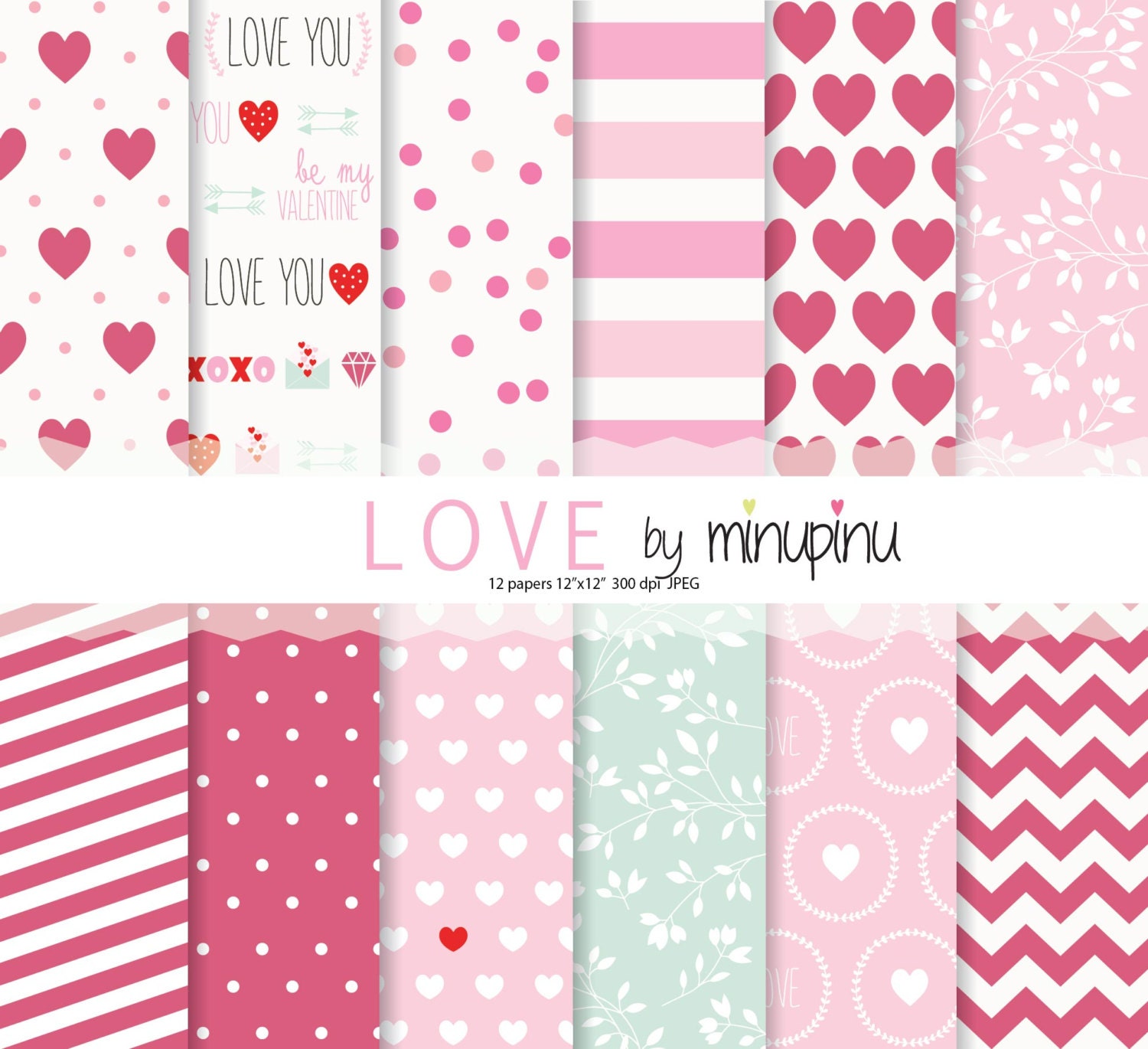 Love you digital paper pack, valentine scrapbook pages