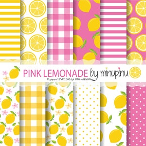 Papier numérique limonade rose, motif limonade, papier d'agrumes d'été, fond jaune et rose citron + 4 fichiers PNG, citron, tranche de citron, fleurs