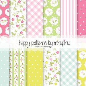 Shabby Chic Digitales Papier, Frühling Shabby Muster, helle Hintergrundfarbe - Cottage Papier, Frühlingsblumen, Polka Dots und Vichy Karo