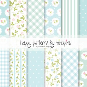 Papel digital Shabby Chic Blue e Mint, padrões azul-bebê, papéis Cottage - Conjunto de doze folhas de 12x12", 300 dpi, papel para impressão JPEG