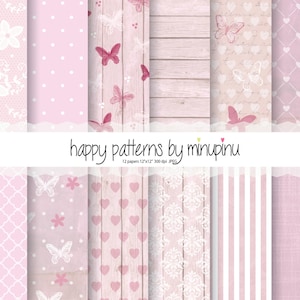 Pinkfarbenes digitales Papier, romantische Schmetterlingsmuster auf altem rustikalen Hintergrund, pinkfarbenes bedruckbares Papier mit Schmetterlingsherzen und Streifen