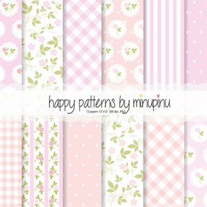Papier numérique Shabby Chic Pink, motifs rose layette, Cottage Papers - Lot de 12 feuilles individuelles 12 x 12", 300 dpi, JPEG, papier imprimable