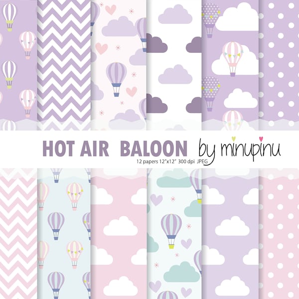 Hot Air Balloon Digital Paper, Violet and Pink Hot Air Balloon, Balloon pattern with clouds, stars, chevron and dots