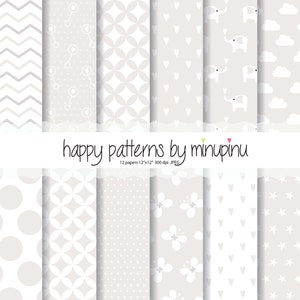 Papel Digital Baby, borboletas, elefantes, chevron, estrelas, corações, nuvens, bolinhas, tons neutros fundo bege e branco