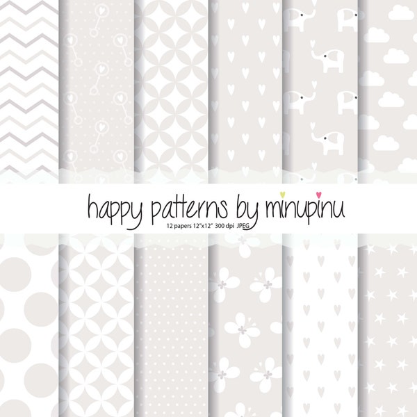 Baby Digital Paper, butterflies, elephants, chevron, stars, hearts, clouds, polka dots, Neutral tones beige and white background