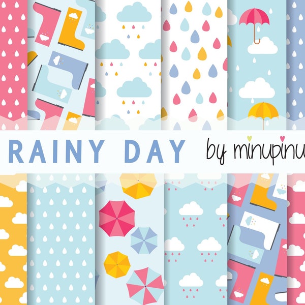 Rain Digital Paper, Spring Rain, Cloud and Raindrop pattern, Umbrella, Rain Boots, Autumn Scrapbook Paper.