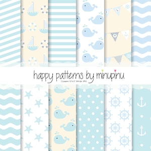 Maritimes digitales Papier, Baby Boy Nautical, süßes babyblaues nautisches Muster mit Wal, Seesterne, Wellen, Boot, Anker, Partyfahnen, Punkte