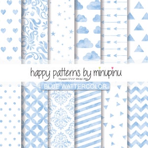Digitales Aquarellpapier, blauer Aquarellhintergrund, Aquarellmuster mit Wolken, Herzen, Chevron, Pfeilen, Damastdreiecken und Blumenmuster