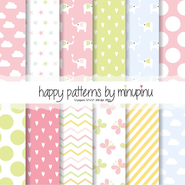 Baby Digital Paper, Baby elephants, butterflies, stars, hearts, clouds, chevron, dots, pink green blue and yellow baby patterns