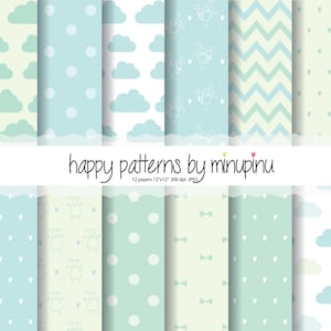 Baby Digitales Papier, Baby Junge - Mint und Blau Muster, Wolken, Punkte, Herzen, Schleife, Maus, Schaf, Chevron, süßes Baby druckbare Papiere