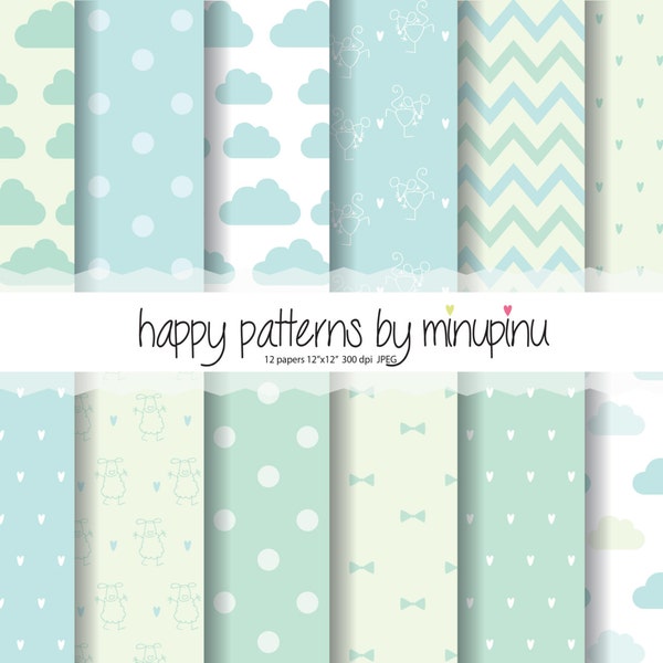 Baby Digital Paper, Baby Boy - Mint and Blue Patterns, clouds, dots, hearts,ribbon,mouse, sheep, chevron, sweet baby printable papers