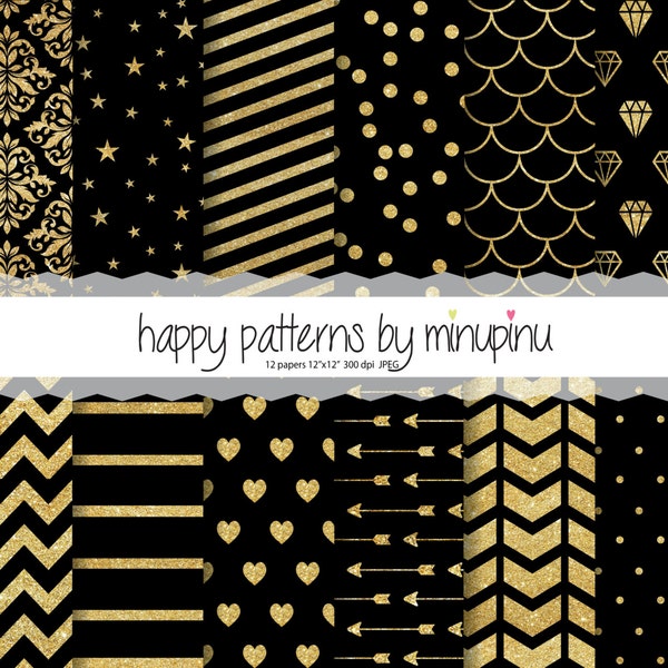 Black and Gold Digital Paper, Gold Glitter Digital Papers, Glam Party patterns with stars damask hearts arrows diamonds confetti chevron