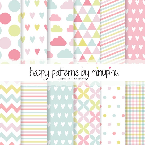 Scrapbook digital paper, Cotton Candy cute blue pink and green patterns with hearts clouds dots stripes triangles chevron - printable paper