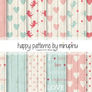 Valentine Digital Paper, Love Digital Paper on wood background, pink red blue white, hearts,angels,love letters,cupid,love arrows