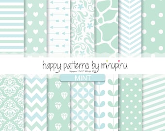 Mint Digital Paper, Mint scrapbook paper with stripes hearts dots chevron diamonds arrows damask leaf and floral background