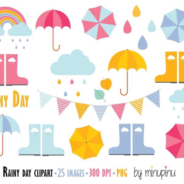 Rainy Day Clipart, Spring Rain Clip Art, Clouds, Umbrella, Rain Boots, Leaf, Raindrop, PNG files.